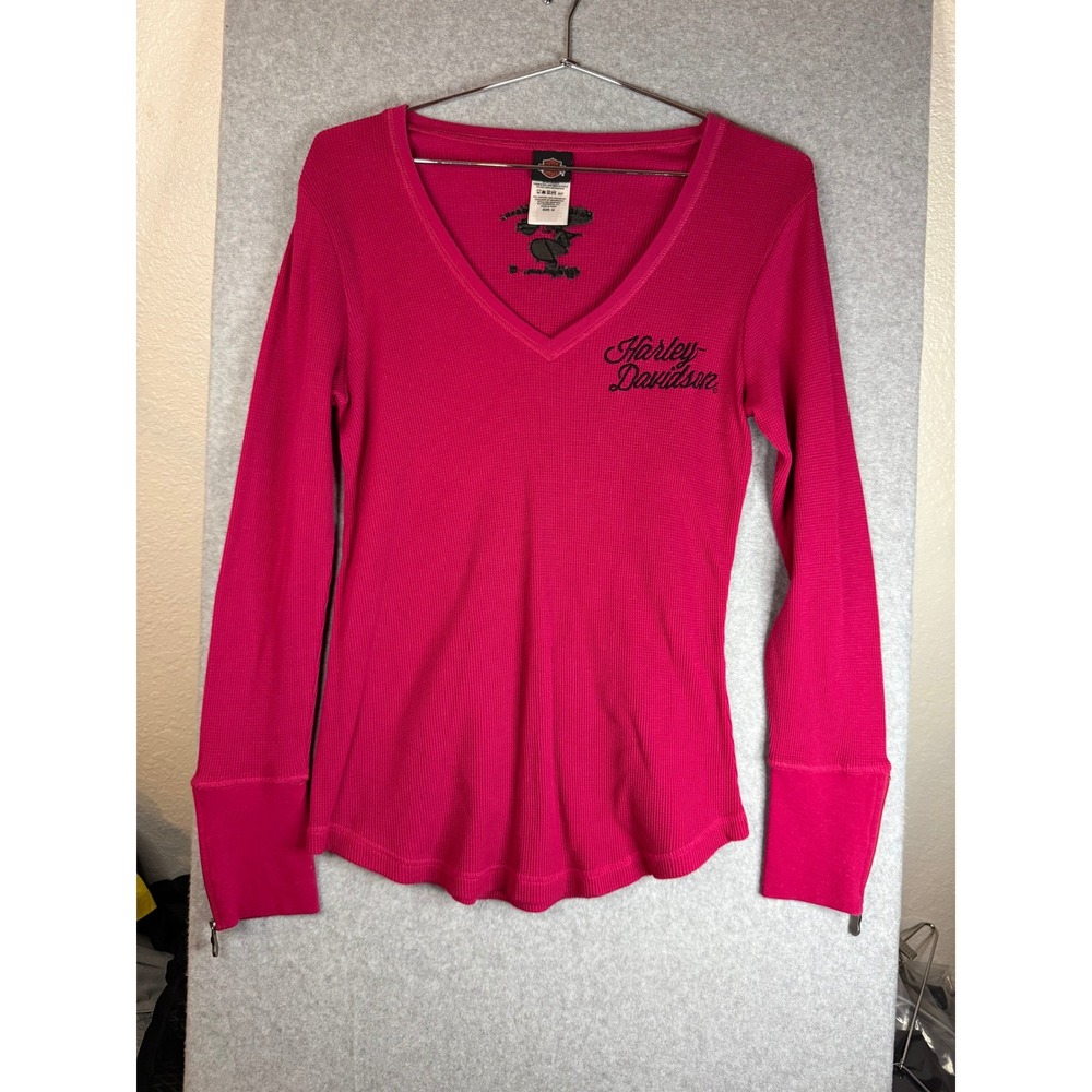 Harley-Davidson Womens Pink Waffle Knit Thermal V-Neck Zipper Cuff Shirt Size M